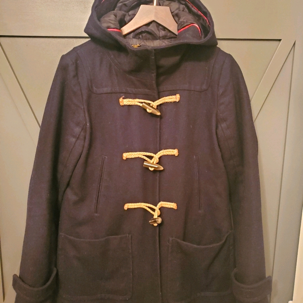 AE hooded toggle pea coat with zipper closure
